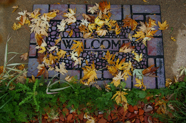 Welcome to enter versus worthy to enter: a welcome mat covered with leaves